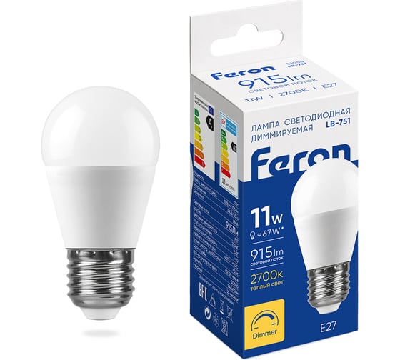 Лампа светодиодная FERON диммируемая LB-751 Шарик E27 11W 230V 2700K, 51058