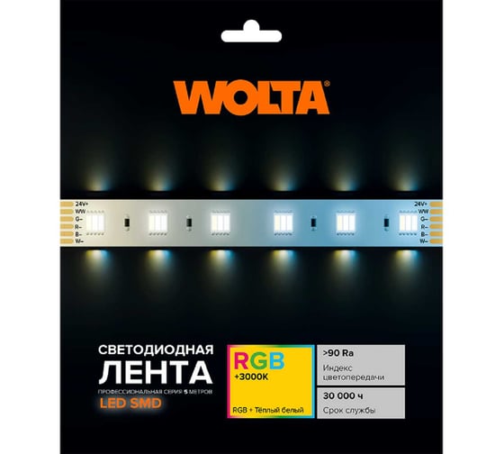 Светодиодная лента Wolta цветная RGB-W с установкой моно цвета теплого белого оттенка 3000К, светодиоды SMD5050, мощность 14,4Вт/м, входное напряжение 24В, IP20, 60 led/m, артикул WLS5050-14,4W/RGBW-3000/24H60-01