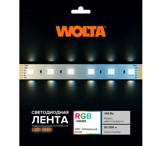 Светодиодная лента Wolta 5 метров SMD5050, мощность 14,4Вт, цветная + белая RGB+W, 4000K Дневной свет, входное напряжение 24В, IP20, 910лм/м, артикул WLS5050-14,4W/RGBW-4000/24H60-01