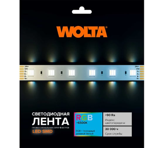 Светодиодная лента Wolta 5 м SMD5050 14,4Вт, RGB+W, 6500K холодный свет +RGB, 24В, IP20, 910лм/м WLS5050-14,4W/RGBW-6500/24H60-01
