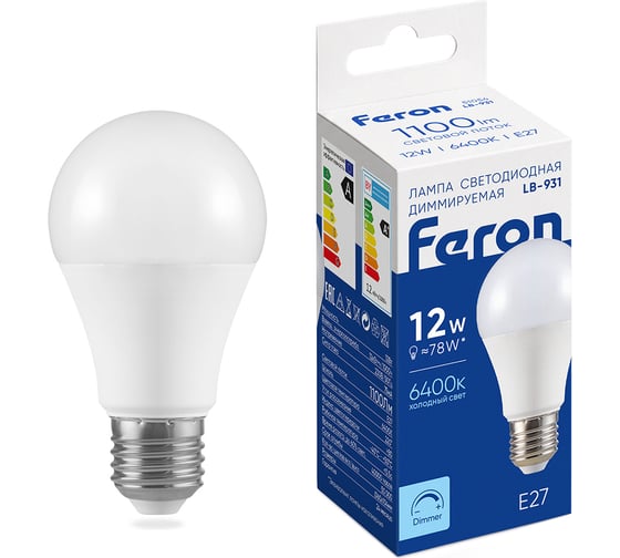 Лампа светодиодная диммируемая FERON LB-931 Шар E27 12W 230V 6400K, 51054