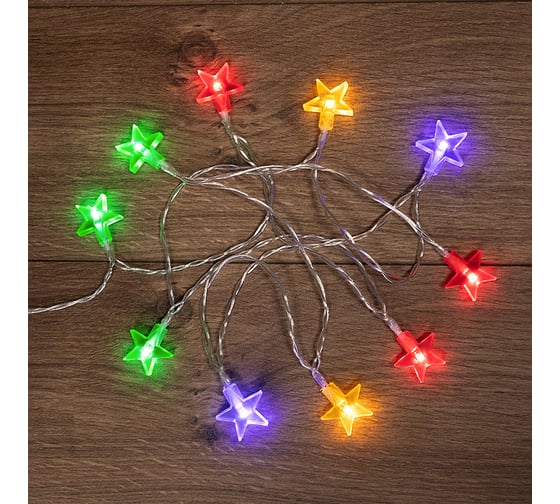 Светодиодная гирлянда NEON-NIGHT Звездочки 1.5м, 10LED, цвет свечения мультиколор 2хАА 303-090