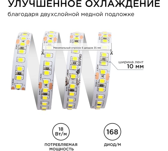 Светодиодная лента Apeyron 24В, 18Вт/м, smd2835, 168 д/м, IP20, 2000Лм/м, подложка 10мм, 5м, 6500К 00-300