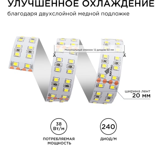 Светодиодная лента Apeyron 24В, 38Вт/м, smd2835, 240д/м, IP20, 3800Лм/м, подложка 20мм, 5м, 6500К 00-305
