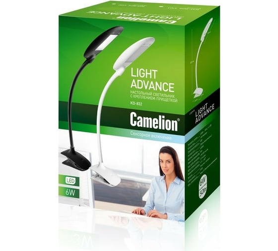 Настольный светильник на прищепке Camelion KD-832, C01, белый, LED, 6 Вт, 230В, 350 лм, 4000К, сенсор, регулировка яркости 14159