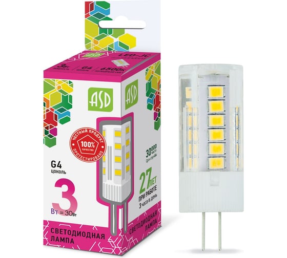 Светодиодная лампа ASD LED-JC-std 3Вт, 12В, G4, 6500К, 270Лм 4690612026381