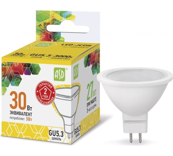 Светодиодная лампа ASD LED-JCDR-std 3Вт, 230В, GU5.3, 3000К, 270Лм 4690612002248
