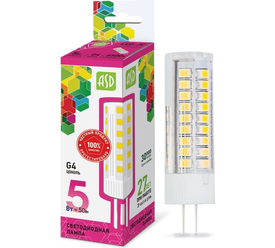 Светодиодная лампа ASD LED-JC-std 5Вт, 12В, G4, 6500К, 450Лм 4690612026404