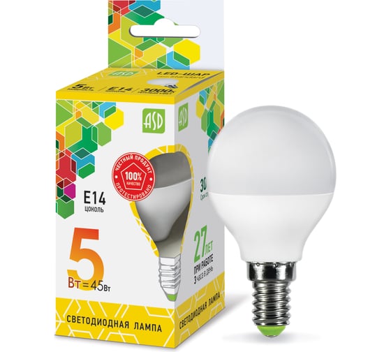 Светодиодная лампа ASD LED-ШАР-std 5Вт, 230В, Е14, 3000К, 450Лм 4690612002125