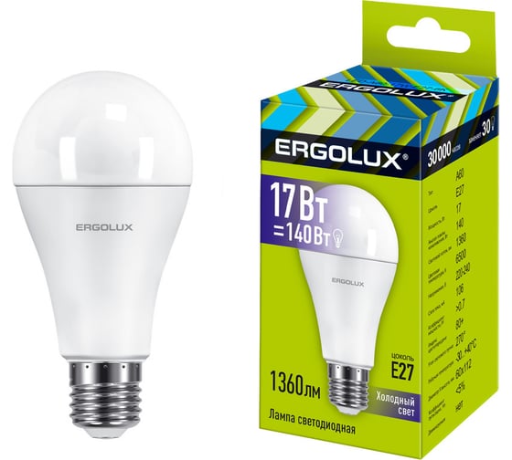 Светодиодная лампа Ergolux LED-A60-17W-E27-6K ЛОН, 17Вт, E27, 6500K 13181