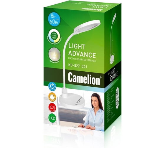 Настольный светильник Camelion, с аккумулятором, KD-827, C01, белый, LED 14147