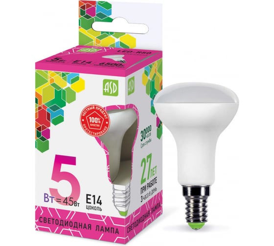 Лампа светодиодная ASD LED-R50-std 5Вт, 230В, Е14, 6500К, 450Лм 4690612026701 1