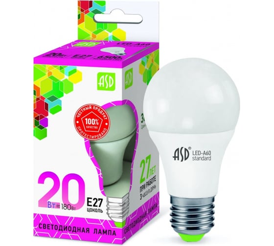 Лампа светодиодная ASD LED-A60-std 20Вт, 230В, Е27, 6500К, 1800Лм 4690612014210