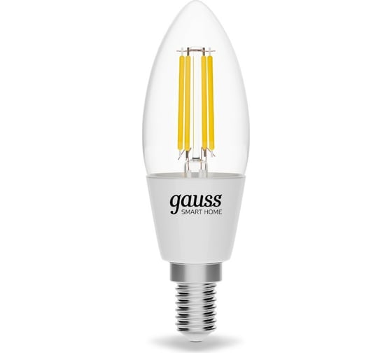 Умная Wi-fi филаментная лампочка Gauss, Smart Light ССТ DIM E14 C37 4,5 Вт 2700-6500K, диммируемая с изменением температуры, управление голосом/смартфоном 1250112