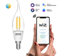 Умная Wi-fi филаментная лампочка Gauss, Smart Light ССТ DIM E14 CF35 4,5 Вт 2700-6500K, диммируемая с изменением температуры, управление голосом/смартфоном 1280112