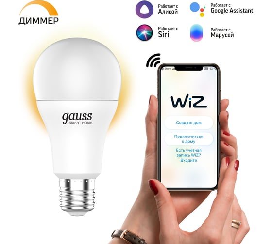 Умная Wi-fi лампочка Gauss, Smart Light DIM E27 А60 8,5 Вт 2700-6500K, диммируемая, управление голосом/смартфоном 1050112