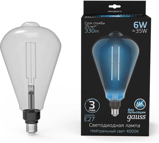 Лампа LED Gauss Vintage Filament Straight ST164 6W E27 164х297mm Gray 330lm 4000K 1/6 157802205