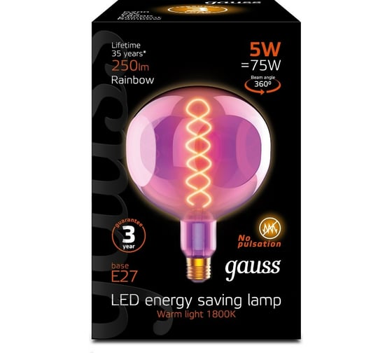 Лампа Gauss LED Filament G150CR Rainbow E27 5W 250lm 1800K 150х220mm 1007802103