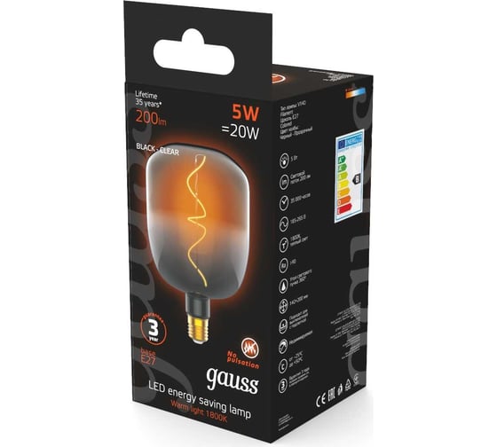 Лампа LED Gauss Filament V140-DC Black-Clear 5W E27 200lm 1800K 140х204mm 1/6 1008802105
