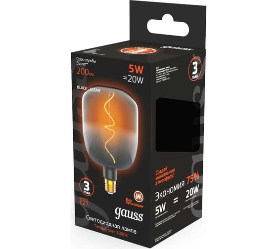 Лампа LED Gauss Filament V140-DC Black-Clear 5W E27 200lm 1800K 140х204mm 1/6 1008802105