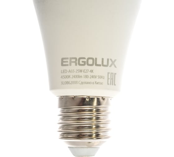Светодиодная лампа Ergolux LED-A65-25W-E27-4K ЛОН, 25Вт, E27, 4500K, 180-240В 14236