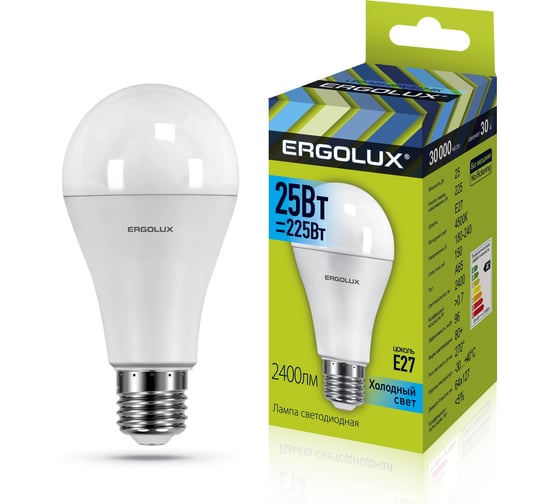 Светодиодная лампа Ergolux LED-A65-25W-E27-4K ЛОН, 25Вт, E27, 4500K, 180-240В 14236 16392444