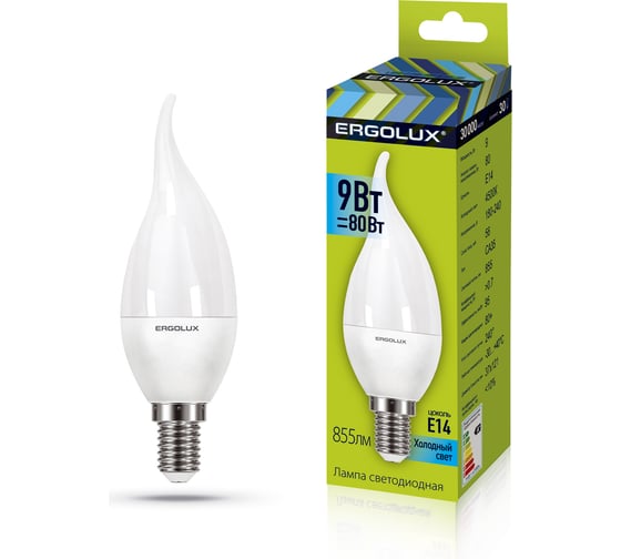 Светодиодная лампа Ergolux LED-CA35-9W-E14-4K свеча на ветру, 9Вт, E14, 4500K, 180-240В 14227 1