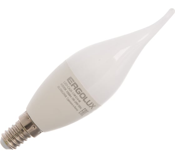 Светодиодная лампа Ergolux LED-CA35-11W-E14-6K свеча на ветру, 11Вт, E14, 6500K, 180-240В 14234