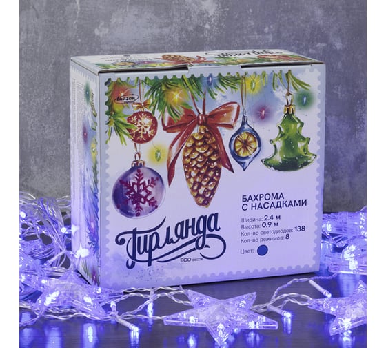 Гирлянда-бахрома Luazon DECOR, Звезды, IP20, ширина 2.4 м, высота 0.9 м, Н.С. LED-138-220V, 8 режимов, СИНИЙ 2361700