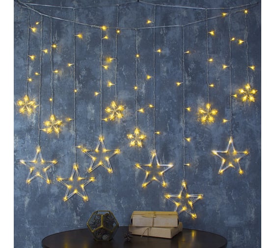 Гирлянда-бахрома Luazon DECOR, Звезды, IP20, ширина 2.4 м, высота 0.9 м, Н.С. LED-138-220V, 8 режимов, ТЕПЛЫЙ БЕЛЫЙ 2361702 1