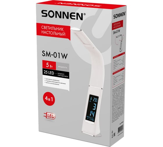 Настольная лампа-светильник SONNEN Sm-01w на подставке, Lcd-экран, Светодиодная, 5 Вт, белый, 238233