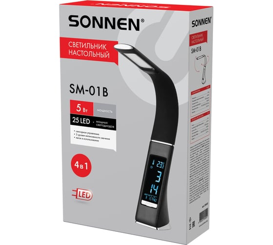 Настольная лампа-светильник SONNEN Sm-01b на подставке, Lcd-экран, Светодиодная, 5 Вт, черный, 238232