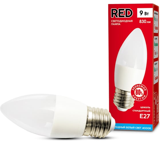 Светодиодная лампа RED B35 9W E27 4000K 830лм холодный белый свет свеча матовая 4606400206415