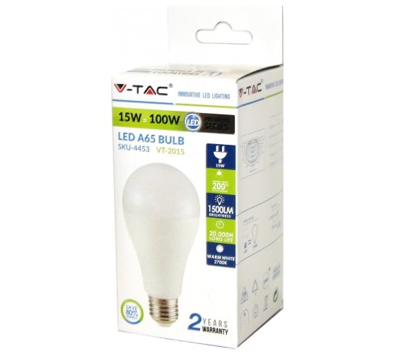 Светодиодная лампа V-TAC VT-2015 А65, 15Вт, Е27, 220В, 2700К 4453