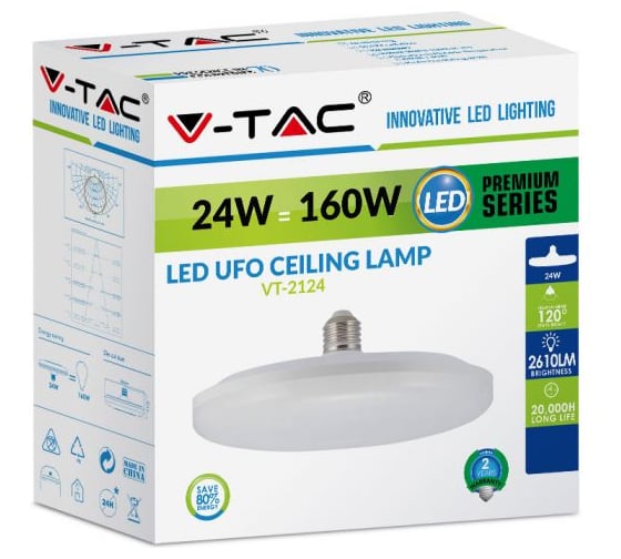 Светодиодная лампа V-TAC VT-2124 форма тарелка, 24Вт, Е27, диаметр 200 мм, 220В, 3000К 7161
