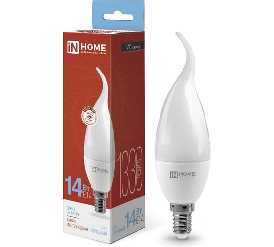 Лампа светодиодная IN HOME LED-СВЕЧА НА ВЕТРУ-VC 14Вт, 230В, E14, 6500K, 1330Лм 4690612054384