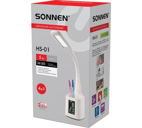 Настольная лампа-светильник SONNEN HS-01 на подставке, LCD экран, СВЕТОДИОДНАЯ, 5 Вт, белый, 238234