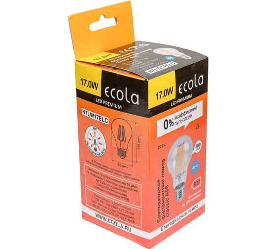 Лампа Ecola classic LED Premium 17,0W A65 220-240V E27 2700K 360 filament прозр. нитевидная (Ra 80, 100 Lm/W, КП=0) 115x65 N7LW17ELC