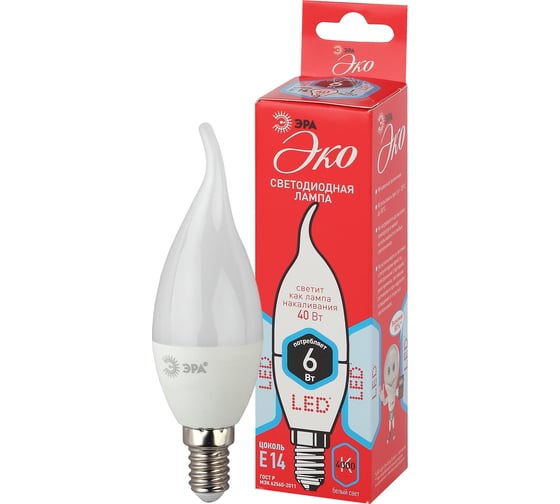 Лампочка светодиодная ЭРА RED LINE ECO LED BXS6W840E14 Е14 / E14 6Вт свеча на ветру нейтральный белый Б0040882