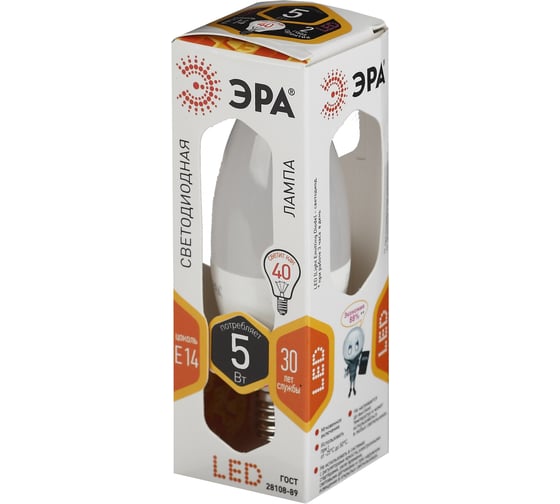 Светодиодная лампа ЭРА LED B35-5W-827-E14 свеча, 5 Вт, теплая, E14, 10/100/4000 Б0047931