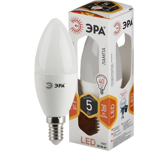Светодиодная лампа ЭРА LED B35-5W-827-E14 свеча, 5 Вт, теплая, E14, 10/100/4000 Б0047931