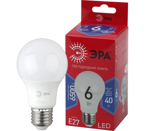 Светодиодная лампа ЭРА LED A60-6W-865-E27 R, груша, 6Вт, холодная, E27, 10/100/1500 Б0048501