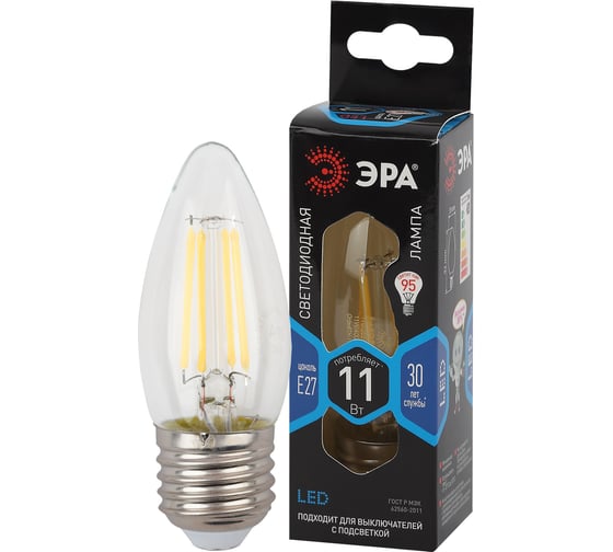 Филаментная лампа ЭРА F-LED B35-11w-840-E27 свеча, 11 Вт, нейтральная, E27, 10/100/5000 Б0046988