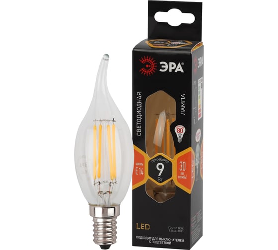Филаментная лампа ЭРА F-LED BXS-9W-827-E14 свеча на ветру, 9Вт, теплая, E14, 10/100/4000 Б0047003