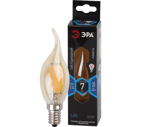 Филаментная лампа ЭРА F-LED BXS-7W-840-E14 gold свеча на ветру, золото, 7 Вт, нейтральная, E14, 10/100/4000 Б0047008