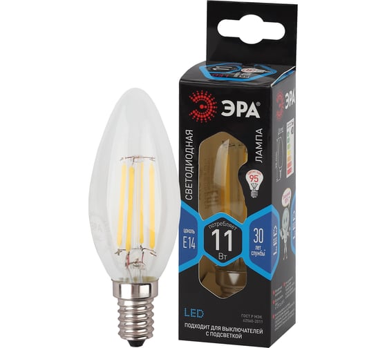 Филаментная лампа ЭРА F-LED B35-11w-840-E14 свеча, 11 Вт, нейтральная, E14, 10/100/5000 Б0046987