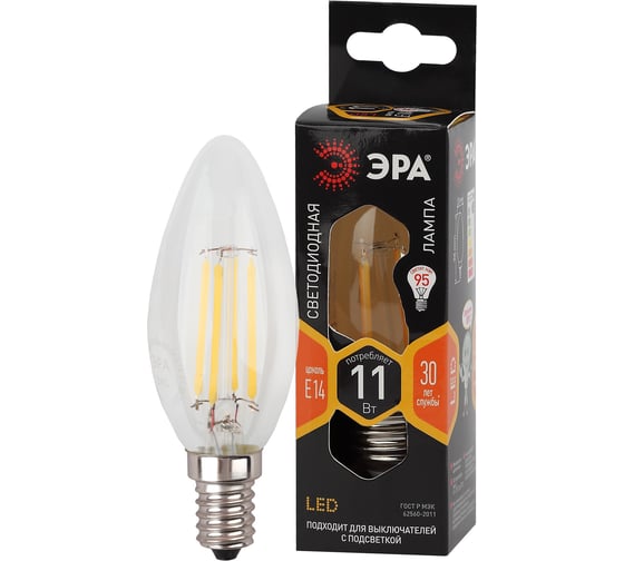 Филаментная лампа ЭРА F-LED B35-11w-827-E14, свеча, 11 Вт, теплая, E14, 10/100/5000 Б0046985