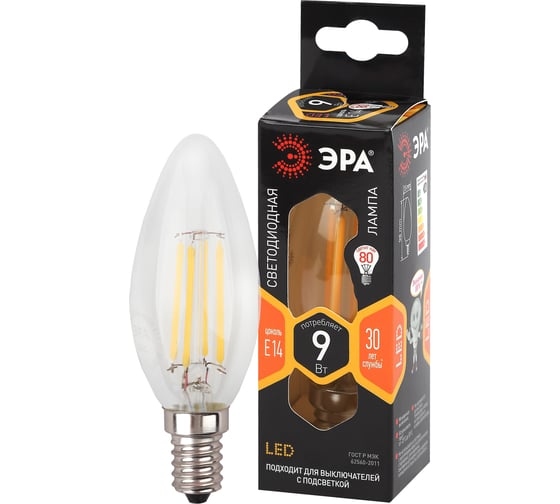 Филаментная лампа ЭРА F-LED B35-9w-827-E14 свеча, 9 Вт, теплая, E14, 10/100/3500 Б0046991