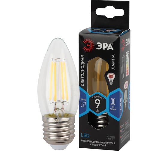 Филаментная лампа ЭРА F-LED B35-9w-840-E27 свеча, 9 Вт, нейтральная, E27, 10/100/5000 Б0046997