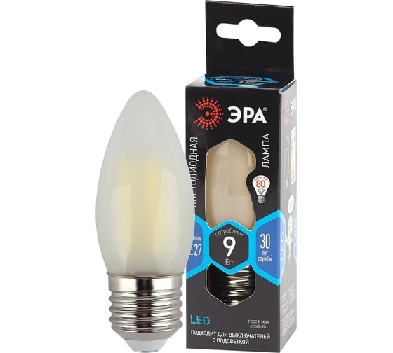 Филаментная лампа ЭРА F-LED B35-9w-840-E27 frost, свеча, матовая, 9 Вт, нейтральная, E27, 10/100/5000 Б0046998